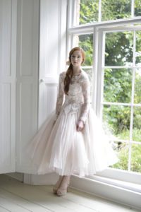 Unique tea-length wedding dresses with keyhole back in Stratford-Upon-Avon, England