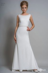 Louise Bentley wedding dress with bateau neckline and belt at Warwickshire wedding dress shop