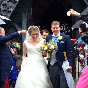 Sophisticated bride wearing V-neck wedding dress with pockets