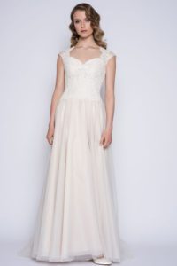 Long lace wedding dress with flattering waistline and thick straps