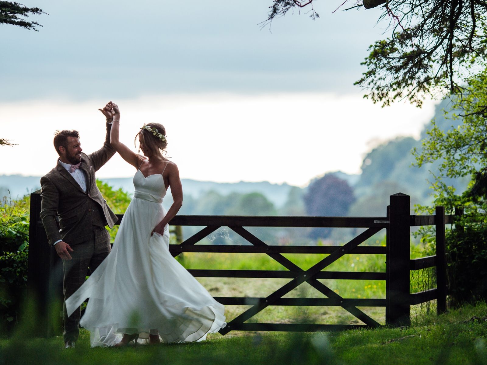 Couple dancing outdoor wedding floating bohemian wedding dress stratford