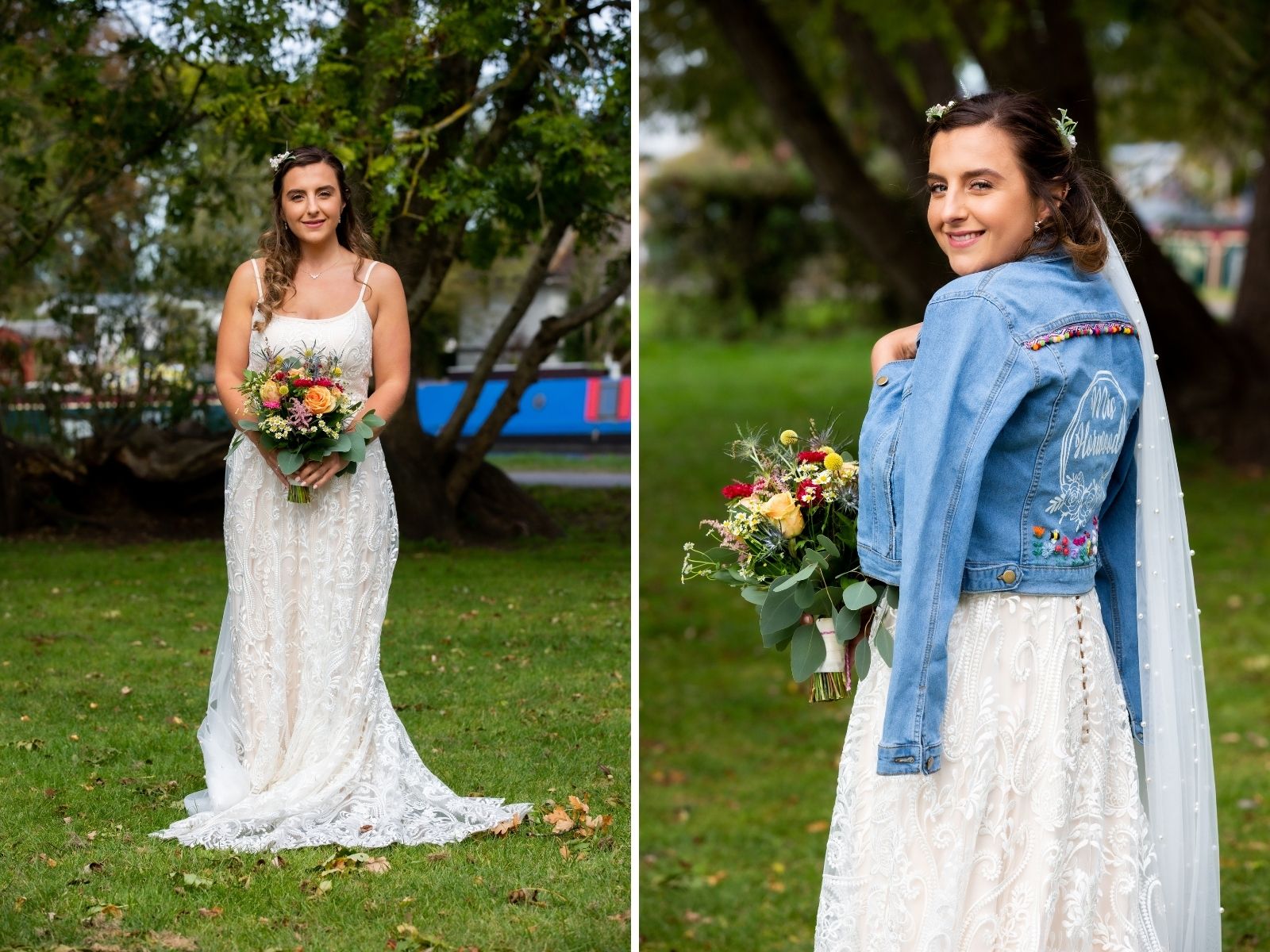 Cool bride wearing Ivory and Co lace wedding dress with denim jacket