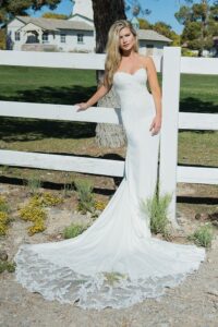 Strapless wedding dress with lace train