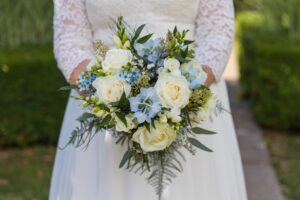 Blue and white bridal bouquet