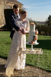 Coloured lace boho wedding dress